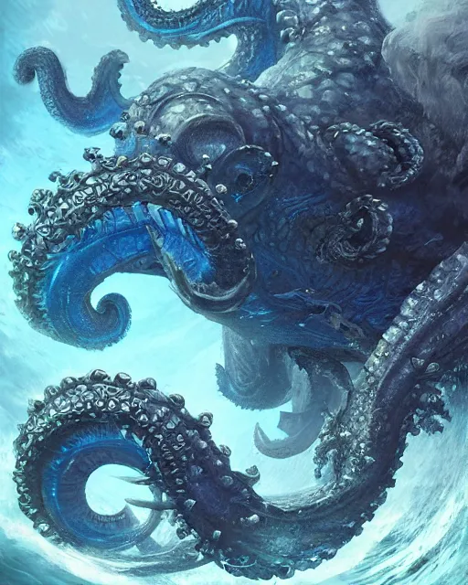 Prompt: A blue Kraken in the sea, highly detailed, fantasy art, female art, in the style of greg rutkowski, illustration, epic, fantasy, intricate, hyper detailed, artstation, concept art, smooth, sharp focus, ray tracing