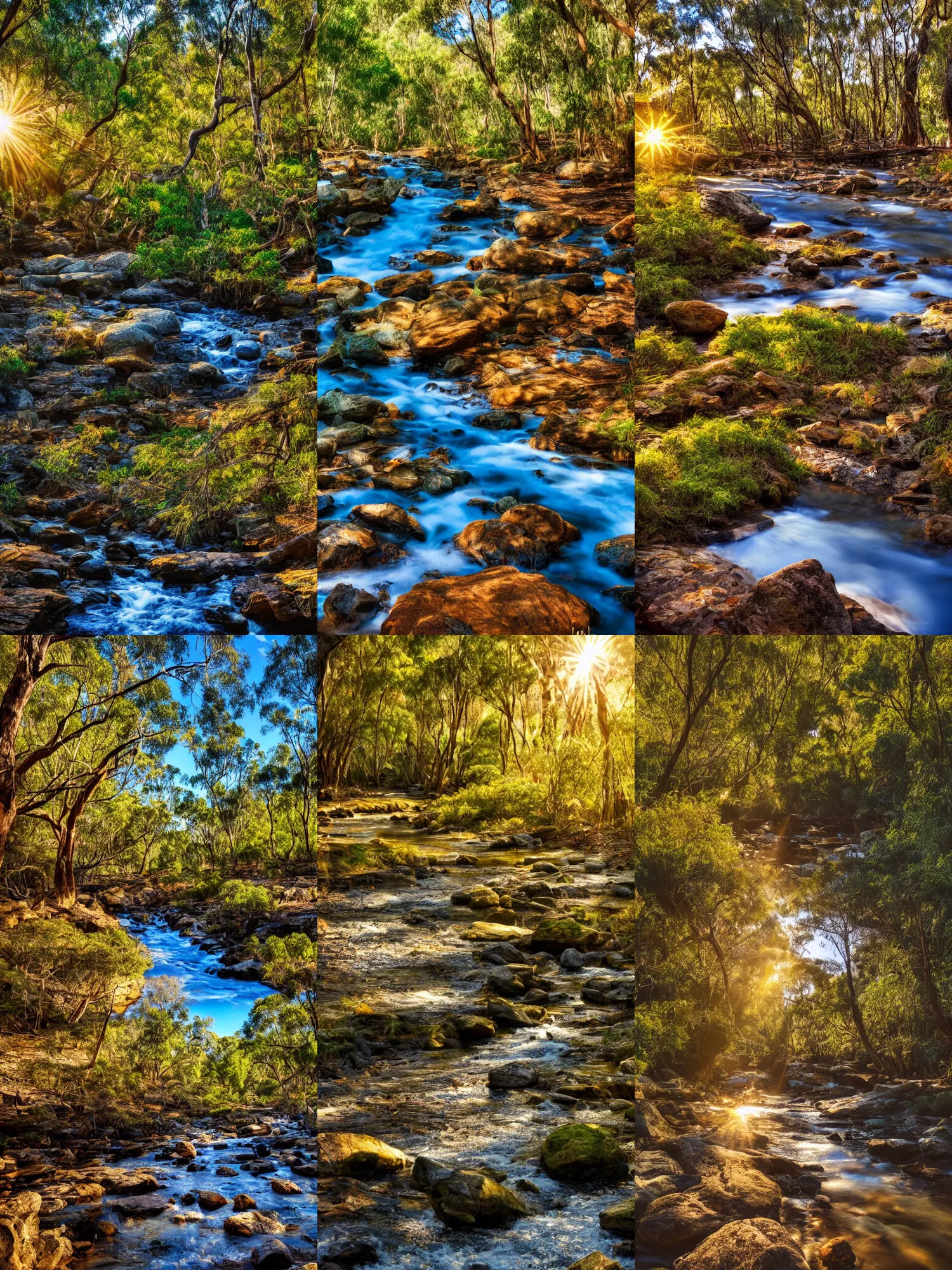 Prompt: Beautiful photo of a creek in an Australian forest, blue sky, trees in the background, rocks scattered throughout the creek, golden hour photography, wallpaper, 4k