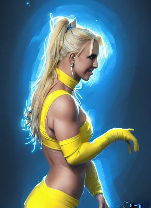 Image similar to britney spears in blue and yellow cat costume, intricate, elegant, glowing lights, highly detailed, digital painting, artstation, glamor pose, concept art, smooth, sharp focus, illustration, art by artgerm and greg rutkowski, artey freytag