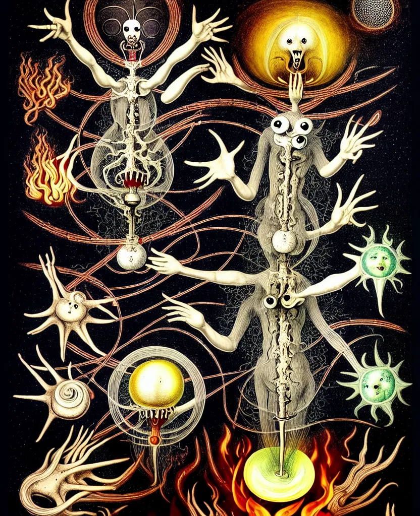 Image similar to whimsical freaky creature sings a unique canto about'as above so below'being ignited by the spirit of haeckel and robert fludd, breakthrough is iminent, glory be to the magic within, painted by ronny khalil