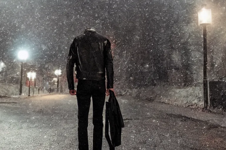 Image similar to movie shot of young man from back pacing lowering head dressed in short leather bomber jacket to empty narrow alley with street lamps in park with pines to the horizon, with hands in pockets, snowfall at night, mullet long haircut, black hairs, cinematic, dramatic, detailed, realistic, movie shot, low greenish lighting