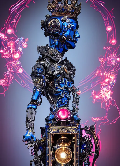 Prompt: baroque and cyberpunk style full-body sculpture of a young seductive Hispanic prince half android with a chest exposing a glowing ruby battery, glowing pink seductive laser eyes, crown of blue gears and diamonds, swirling salmon-colored silk fabric, robotic raptors dinosaurs. baroque elements. full-length view. intricate artwork by caravaggio. art by Artgerm and Greg Rutkowski and Alphonse Mucha, Trending on artstation, cinematic industrial lighting, photorealistic, octane render, 8k, depth of field, 3D