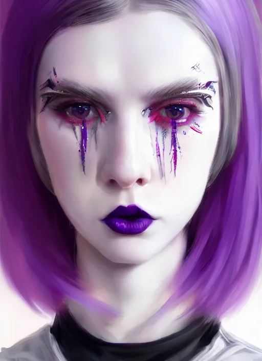 Image similar to portrait of white teenage girl, normal face, white bangs, mall goth, cyberlox, black and white hair, bangs, fluffy bangs, red contact lenses, purple lipstick, intricate, elegant, highly detailed, digital painting, artstation, concept art, sharp focus, smooth, illustration, art by wlop, mars ravelo and greg rutkowski