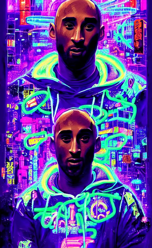 Prompt: detailed portrait Kobe Bryant Neon Operator, cyberpunk futuristic neon, reflective puffy coat, decorated with traditional Japanese ornaments by Ismail inceoglu dragan bibin hans thoma !dream detailed portrait Neon Operator Girl, cyberpunk futuristic neon, reflective puffy coat, decorated with traditional Japanese ornaments by Ismail inceoglu dragan bibin hans thoma greg rutkowski Alexandros Pyromallis Nekro Rene Maritte Illustrated, Perfect face, fine details, realistic shaded, fine-face, pretty face