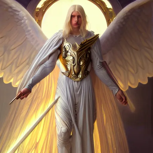 Image similar to the pale blond male angel of battle lucius wearing a white periwinkle, sci fi, glowing eyes, volumetric lights, gold theme, art nouveau botanicals, intricate, highly detailed, digital painting, artstation, concept art, smooth, sharp focus, cinematic, illustration, beautiful face, art by artgerm and greg rutkowski and alphonse mucha