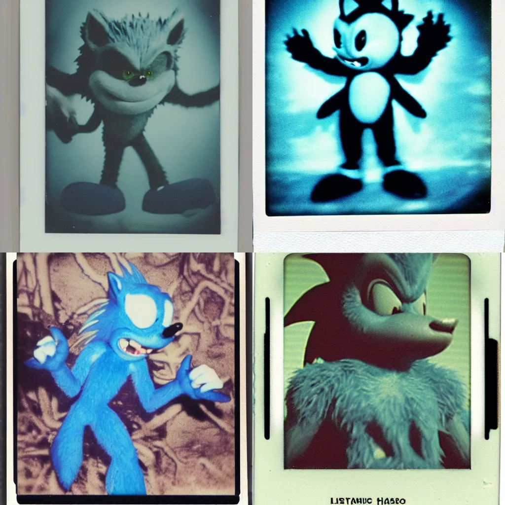 Image similar to instax polaroid film still of a sonic the hedgehog blue swamp creature with fangs and claws, faded glow, creepypasta