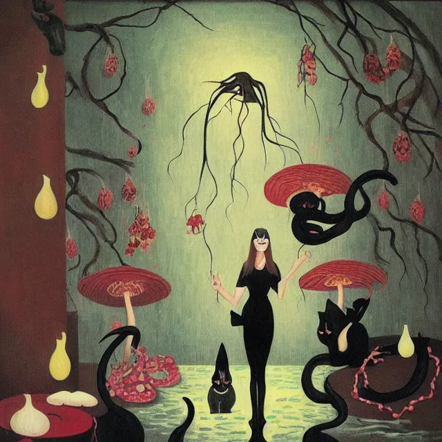 Prompt: tall female catgirl artist holding a black cat in her flooded apartment, pomegranates, octopus, water gushing from ceiling, painting of flood waters inside an artist's apartment, a river flooding indoors, mushrooms, ikebana, zen, rapids, waterfall, black swans, canoe, berries, acrylic on canvas, surrealist, by magritte and monet