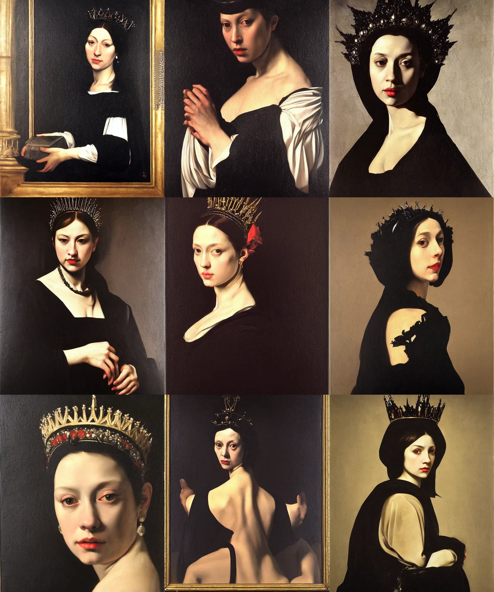 Prompt: (((((The portrait of Lady in black wax crown))))) by Caravaggio !!!!!!, ((dark fantasy, witcher)), very detailed oil painting in the alla prima style, masterpiece, 8k