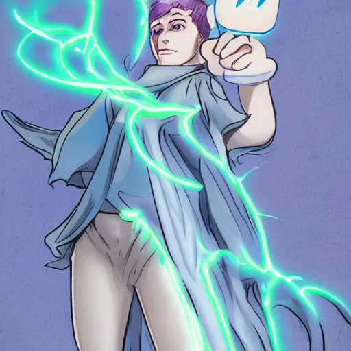 Image similar to sylph race magic user full body nonbinary holding a staff of healing light blue skin tone highly detailed comic book style steve ditto