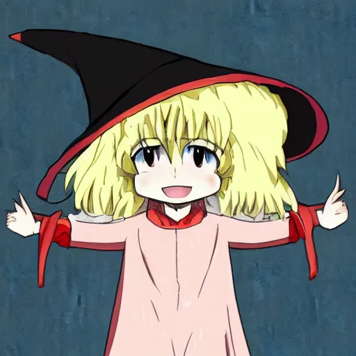 Image similar to an anime drawing of a happy woman in a very large oversized witch hat, anime styled, cute