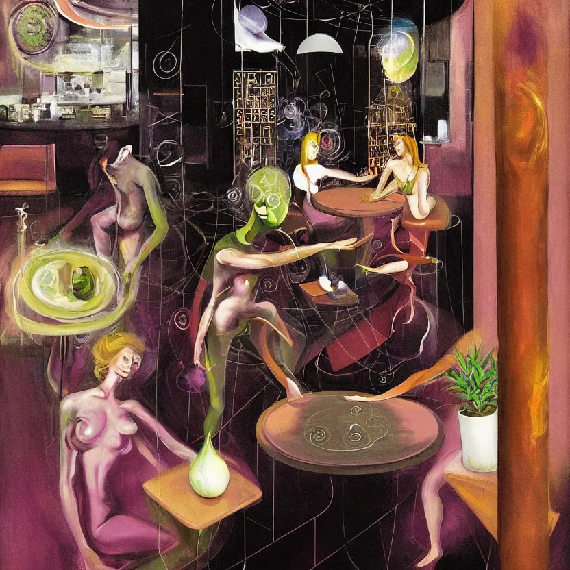 Image similar to Man and woman start to bounce in a caffe, floating dark energy surrounds the middle of the caffe. There is one living room plant to the side of the caffee, surrounded by a background of dark cyber mystic alchemical transmutation heavenless realm, cover artwork by francis bacon and Jenny seville, midnight hour, part by adrian ghenie, part by jeffrey smith, part by josan gonzales, part by norman rockwell, part by phil hale, part by kim dorland, artstation, highly detailed