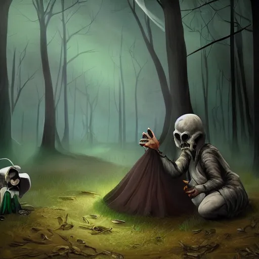 Image similar to a macabre phantom talking with a kid in the middle of a dark forest, trending on artstation, realistic, obscure, dramatic scene