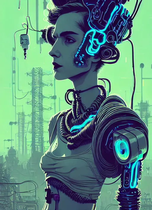 Image similar to highly detailed portrait of wasteland punk long curly neon blue electricity hair tribal lady, stray electric spark wiring by atey ghailan, james gilleard, by joe fenton, by greg rutkowski, by greg tocchini, by kaethe butcher, 4 k resolution, gradient yellow, black and white color scheme!!! ( ( lightning cloudy robotic dystopian city background ) )