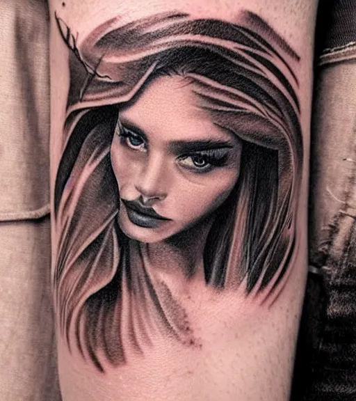 Image similar to tattoo design sketch of an extremely beautiful woman face with a faded background of beautiful mountains on her side, hyper - realistic, in the style of matteo pasqualin, amazing detail, black and white, faded