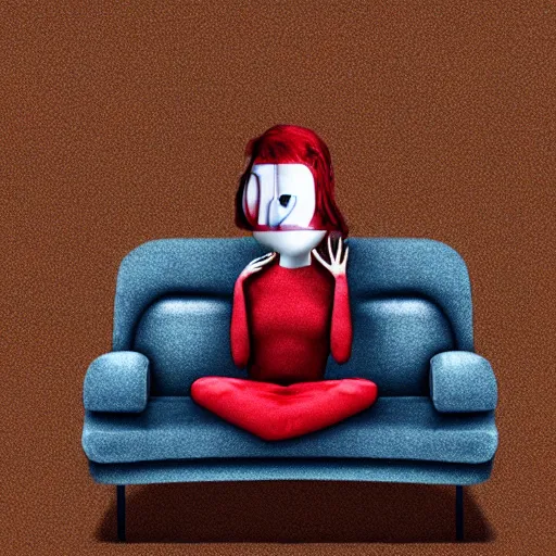 Image similar to photo of a scared anthropomorphic sofa, hiding behind humans, digital art