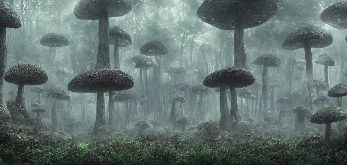 Image similar to a distant dense forest of giant bismuth mutated mushrooms, intricate, highly detailed, organic, volumetric fog, concept art, masterpiece