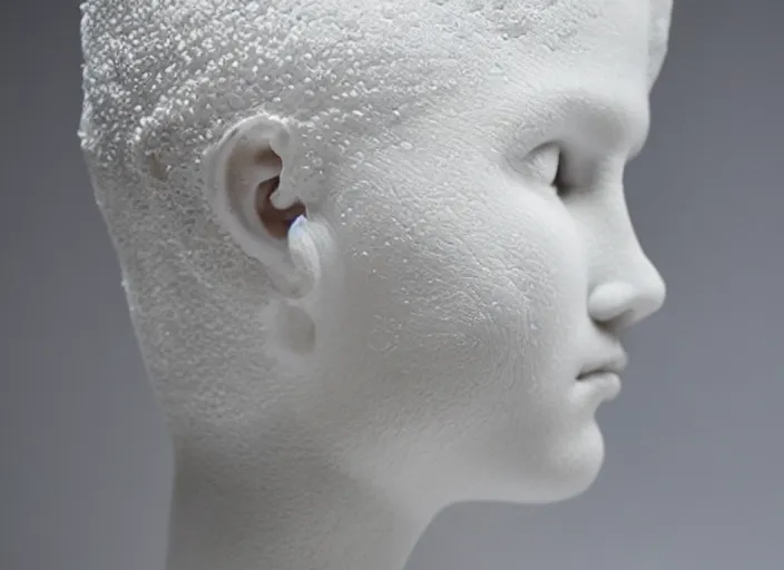 Prompt: full head and shoulders, beautiful female porcelain sculpture by daniel arsham and raoul marks, smooth, all white features on a white background, delicate facial features, white eyes, white lashes, detailed white 3 d giant poppies on the head