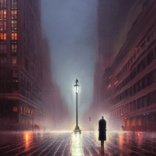 Image similar to a centerpiece statue stands in gotham city, night, wet pavement, street level view, light mist, fantasy, intricate, elegant, digital painting, trending on artstation, concept art, soft focus, illustration by greg rutkowski, edward hopper, 4 k.