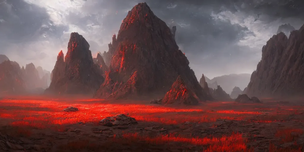 Prompt: a epic landscape full of big red crystals emerging from the ground, concept art, octane render, unreal engine 5, trending on artstation, greg rutkowski, hyperrealistic, highly detailed, high quality, 8 k, dramatic lighting, cinematic, high coherence, high contrast, digital art, high definition, path traced, night