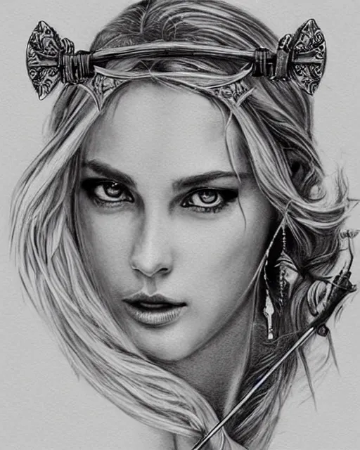 Prompt: tattoo sketch of beautiful greek goddess aphrodite holding a bow and arrow, arrowhead earrings, beautiful piercing eyes, flowing blonde hair, realistic face, hyper realistic, in the style of greg rutkowski, fantasy, amazing detail, epic, intricate, elegant, smooth, sharp focus