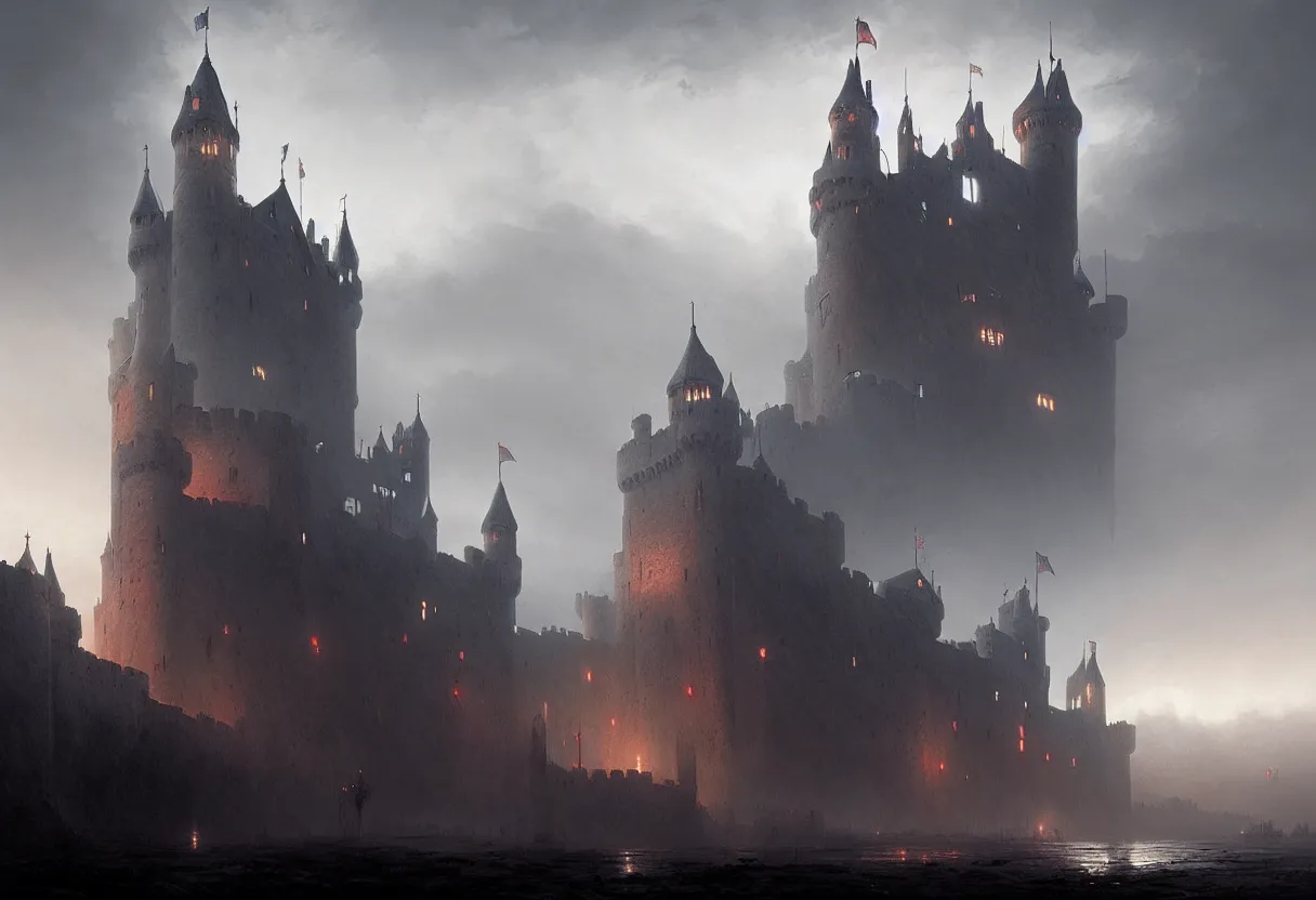 Image similar to castle with 3 0 years war, ultra high definition, ultra detailed, symmetry, fog, matte painting, by greg rutkowski and ross tran and wlop