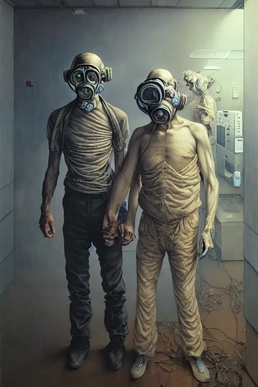 Prompt: two skinny old people wearing gas masks standing inside a deserted hospital room, Ayami Kojima, Karol Bak, Greg Hildebrandt, mark brooks, hauntingly surreal, highly detailed painting by Katsuhiro Otomo, part by Adrian Ghenie, part by Gerhard Richter, Soft light 4K,