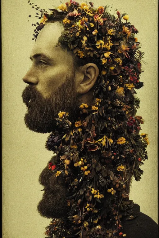 Image similar to a man's face in profile, with a long beard, made of flowers and fruit and glistening water droplets, in the style of the Dutch masters and Gregory crewdson, dark and moody