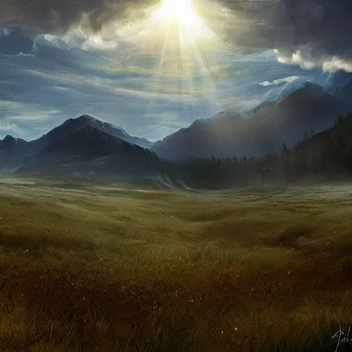 Image similar to a cinematic landscape view looking at an open field, mountains in the distance, the sun shines through the parted clouds, digital painting, fantasy, art by alexandre mahboubi