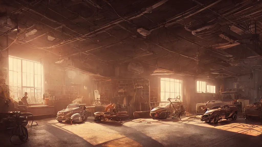 Image similar to a photorealistic hyperrealistic render of an interior of a beautiful cozy garage repair shop by pixar, greg rutkowski, wlop, artgerm, dramatic moody sunset lighting, long shadows, volumetric, cinematic atmosphere, octane render, artstation, 8 k