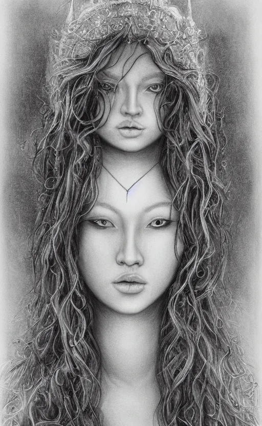 Image similar to the high priestess, by stephanie law, black and white graphite drawing, smooth render, 3 / 4 view