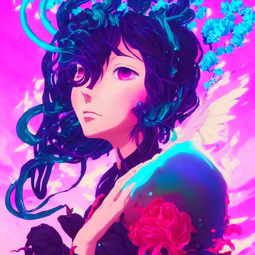 Image similar to side profile macro portrait of one cute modern gothic anime girl with synthwave flower background, gloomhaven, colorful swirly retrowave style fantasy portrait, by lois van baarle, sachin teng, greg rutkowski, jesper ejsing, ilya kuvshinov, extremely detailed digital art, trending on artstation, masterpiece 8 k,