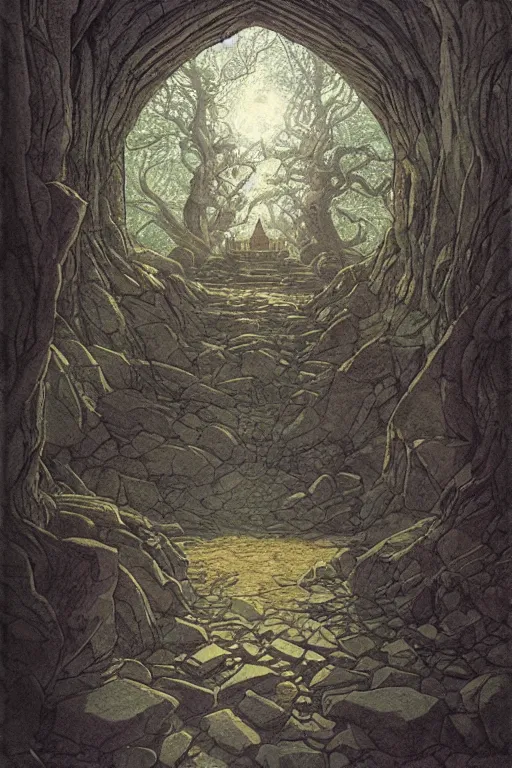 Prompt: sacred ash tree, stone temple interior, circle of power, mysterious, dramatic lighting, wide angle, highly detailed, in the style of alan lee and moebius