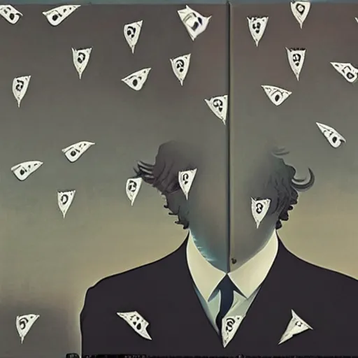 Image similar to rain of Beatles Member, in the style of Magritte, lots of music details