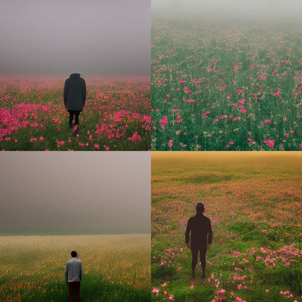 Prompt: fog in the shape of a man standing in a field of flowers 4K photo