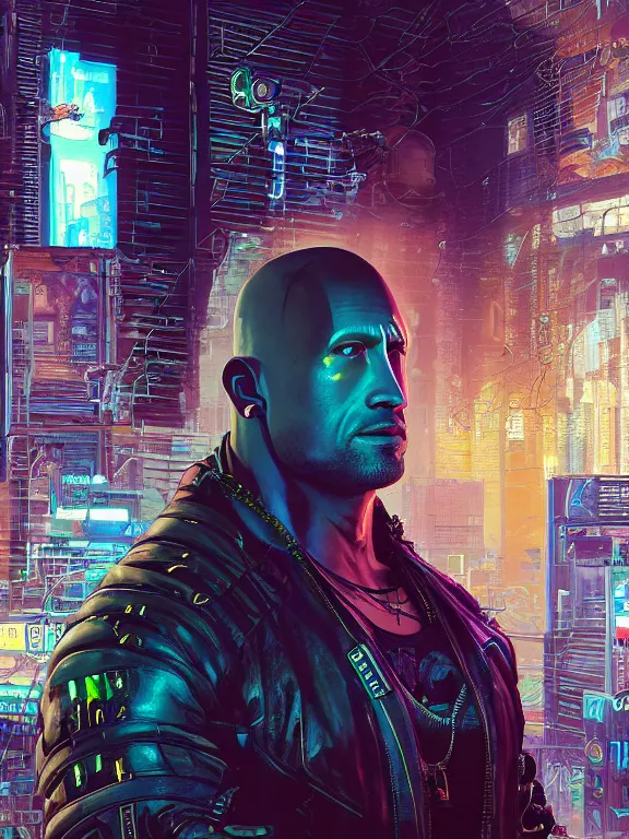 Image similar to a cyberpunk 2077 portrait of Dwayne Johnson kiss a female android complex mess of cables and wires behind them connected to giant computer, love,film lighting, by laurie greasley,Lawrence Alma-Tadema,William Morris,Dan Mumford, trending on atrstation, full of color, highly detailed,8K, octane, Digital painting,golden ratio,cinematic lighting