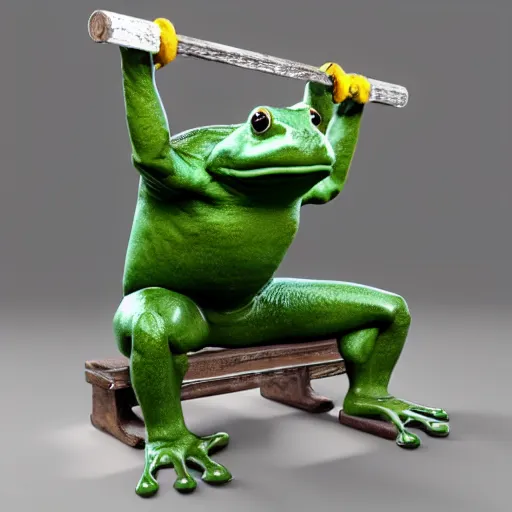 Prompt: massive buff frog using a bench press, 3d render