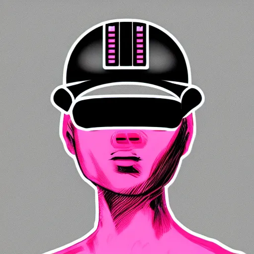 Prompt: a black shiny synthwave android with a visor, a sweatshirt and a cool hat, digital art, cyberpunk, vivid, technological