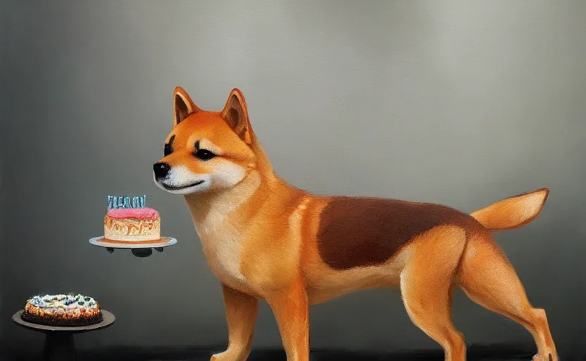 Image similar to a painting of a shiba and a birthday cake trending on artstation in the style of greg rutkowski