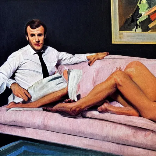 Image similar to emmanuel macron posing on a sofa, 1 9 7 0 living room decor, body hair, oil on canvas, by david hockney, bouguereau, lucien freud, francis bacon, peter doig