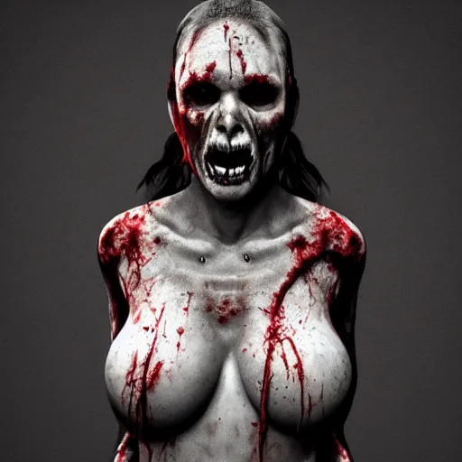 Image similar to angry obese zombie female, full body portrait, pale skin and deep bloody wounds, horror core, apocalyptic, feeling of grimdark, sharp focus, fiction, hyper detailed, digital art, trending in artstation, cinematic lighting, studio quality, smooth render, unreal engine 5 rendered, octane rendered, art style and nixeu and wlop and krenz cushart, neongreen vomit