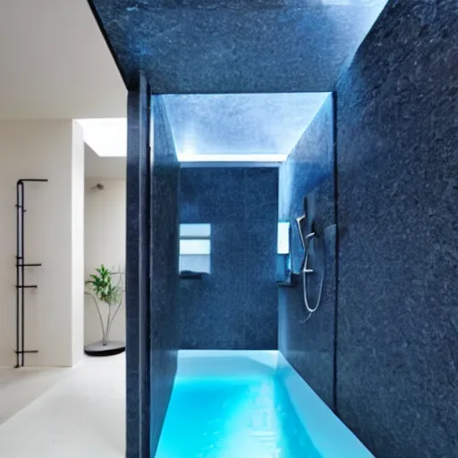 Image similar to a futuristic bathroom with walls and floor made of blue granite. There is a small swimming pool on the floor