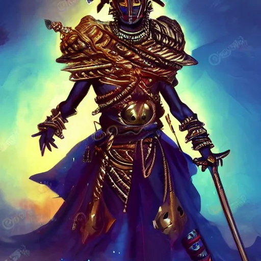 Image similar to a young black boy dressed like an african moorish warrior in gold armor and a crown with a ruby, posing with a very ornate glowing electric spear!!!!, for honor character digital illustration portrait design, by android jones in a psychedelic fantasy style, dramatic lighting, hero pose, wide angle dynamic portrait