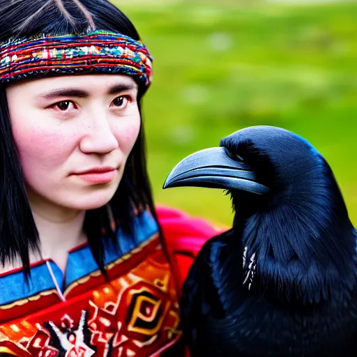 Image similar to ethnographic portraiture photograph of an extremely beautiful!!!! young woman with symmetric face. with a very detailed raven!!! on her shoulder. wearing traditional greenlandic national lcostume. in iceland. petzval lens. shallow depth of field. on flickr, art photography,