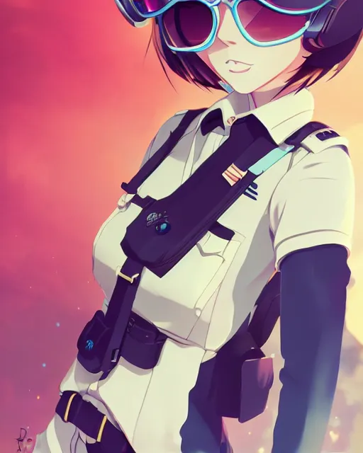 Image similar to Anime girl is dressed in plane pilot uniform. Anime. by lois van baarle, ilya kuvshinov, rossdraws, Ghibli marker anime art, manga concept Blizzard pixar maya engine on stylized background splash comics global illumination