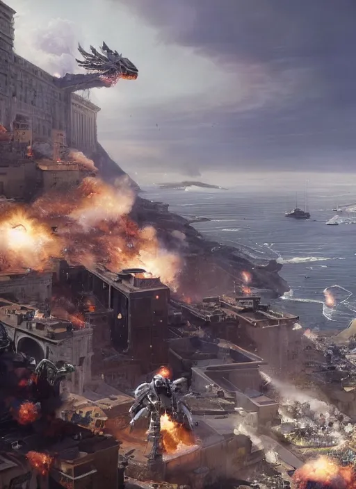 Prompt: hyper realistic squid robot attacking cape town city, table mountain explosions, atmospheric beautiful details, strong composition painted by kim jung giu weta studio rutkowski, james gurney and greg rutkowski, and lucasfilm