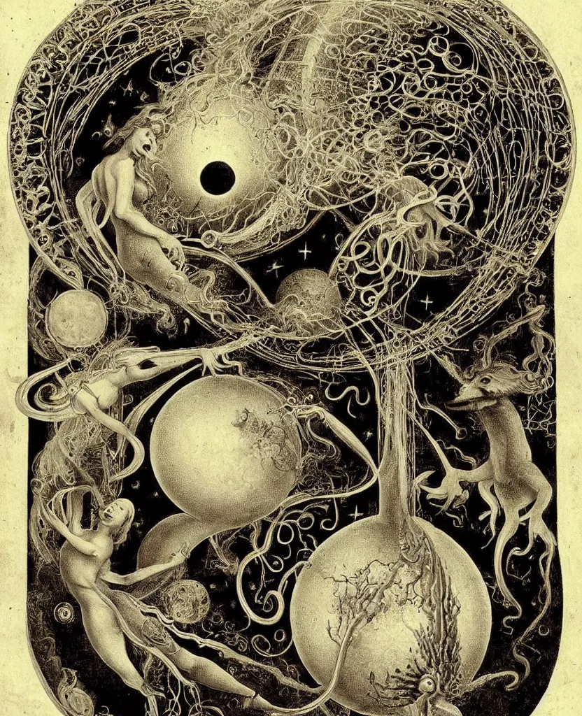 Image similar to whimsical freaky creature sings a unique canto about'as above so below'being ignited by the spirit of haeckel and robert fludd, breakthrough is iminent, glory be to the magic within, in honor of jupiter, painted by ronny khalil