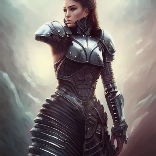 Prompt: full body portrait of a riveting and striking warrior woman!!!, armored, adorable, elegant and pretty face, slick hair, realistic shaded perfect face, outstanding details, realistic shaded lighting, dynamic background, artgerm, tom bagshaw, 8 k ultra - realistic, highly detailed, kan liu