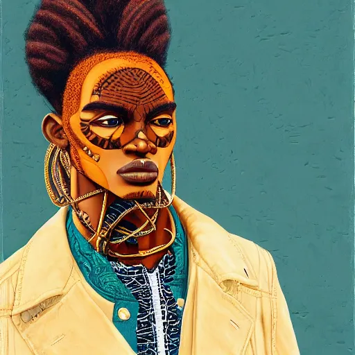 Prompt: a professionally painted african male model , clothed in ancient street wear, dark skin, reddish gold dreadlocks hair, beautiful bone structure, symmetrical features, stunningly, beautiful, intricate, elegant, digital painting, smooth, sharp focus, illustration, made by Kehinde Wiley, Kara Walker, Jacob Lawrence, Sam Gilliam, Edmonia Lewis,