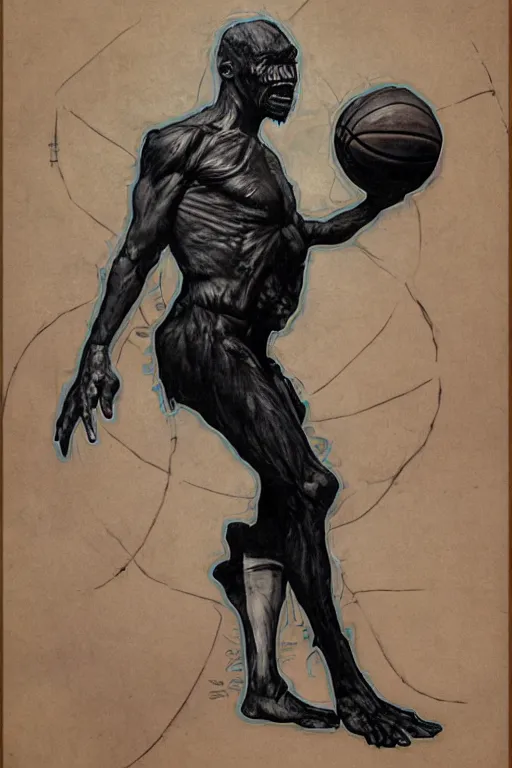 Image similar to basketball! monster!, surreal 4k HD digital full body portrait of humanoid basketball, white hair mohawk, black paper, b-ball! monster, arms and legs on spherical humanoid creature!, by Alphonse Mucha, Craig Mullins, Marc Simonetti, Artstation