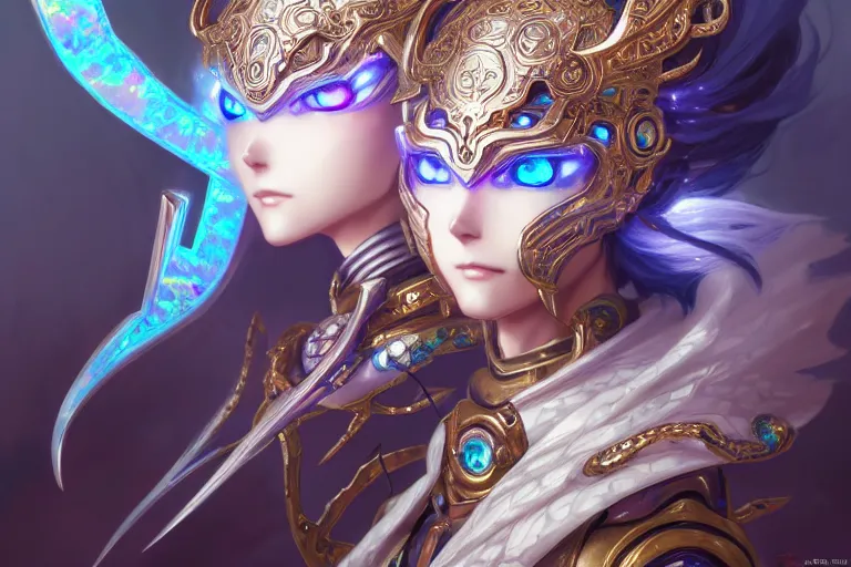 Image similar to anime iridescent opal cyborg shinobi, intricate ornate details, morandi color scheme, fantasy, elegant, highly detailed, wide angle, digital painting, artstation, concept art, smooth, sharp focus, illustration, wallpaper, splash art, league of legends, art by artgerm and greg rutkowski and alphonse mucha and jin xiaodi